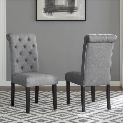 Set of 2 grey tufted high-back dining chairs with espresso-finished solid wood legs and foam-padded polyester upholstery—ideal for farmhouse and modern dining spaces.

