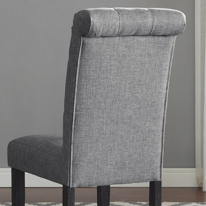 Set of 2 grey tufted high-back dining chairs with espresso-finished solid wood legs and foam-padded polyester upholstery—ideal for farmhouse and modern dining spaces.

