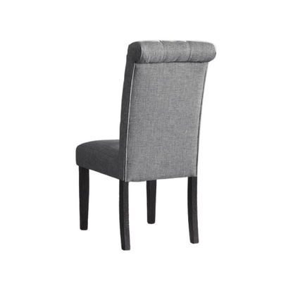 Set of 2 grey tufted high-back dining chairs with espresso-finished solid wood legs and foam-padded polyester upholstery—ideal for farmhouse and modern dining spaces.

