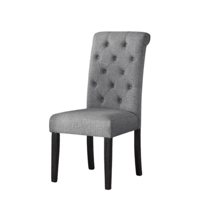 Set of 2 grey tufted high-back dining chairs with espresso-finished solid wood legs and foam-padded polyester upholstery—ideal for farmhouse and modern dining spaces.

