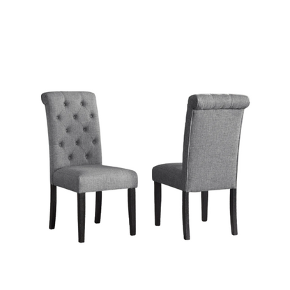 Set of 2 grey tufted high-back dining chairs with espresso-finished solid wood legs and foam-padded polyester upholstery—ideal for farmhouse and modern dining spaces.

