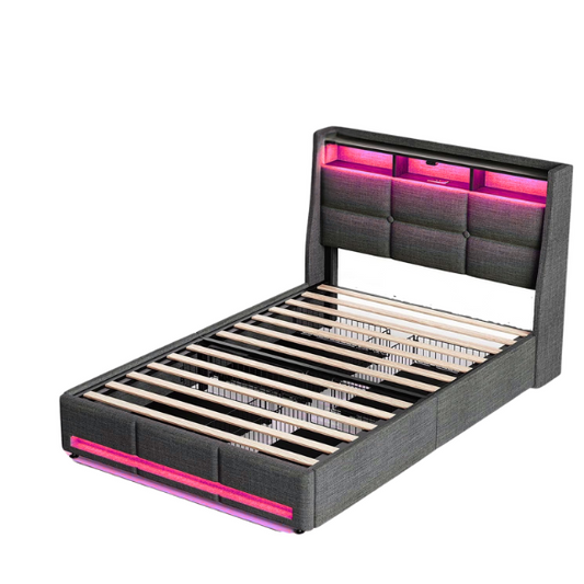 Modern grey twin bed frame with RGB LED headboard, USB charging ports, storage drawers, and upholstered linen fabric