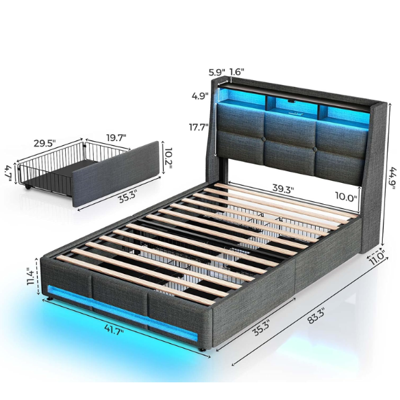 Modern grey twin bed frame with RGB LED headboard, USB charging ports, storage drawers, and upholstered linen fabric