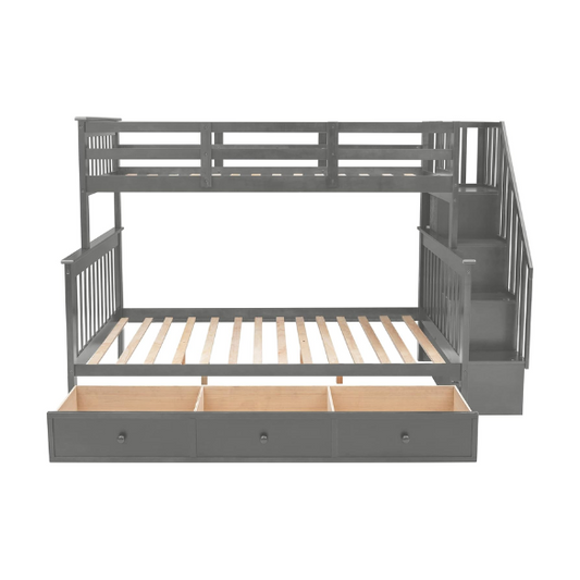 Twin over full bunk bed in grey finish with stairs, built-in storage compartments, and three underbed drawers – solid wood frame for kids and teens


