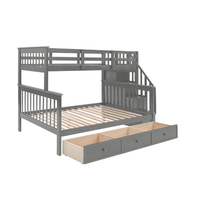 Twin over full bunk bed in grey finish with stairs, built-in storage compartments, and three underbed drawers – solid wood frame for kids and teens

