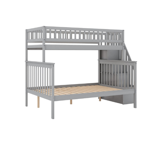 Modern grey twin over full bunk bed with built-in stairs and storage drawers, solid wood frame with safety rails, perfect for kids’ bedrooms.