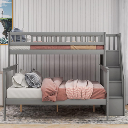 Modern grey twin over full bunk bed with built-in stairs and storage drawers, solid wood frame with safety rails, perfect for kids’ bedrooms.