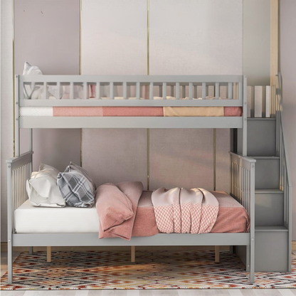 Modern grey twin over full bunk bed with built-in stairs and storage drawers, solid wood frame with safety rails, perfect for kids’ bedrooms.