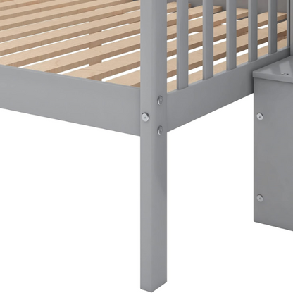 Modern grey twin over full bunk bed with built-in stairs and storage drawers, solid wood frame with safety rails, perfect for kids’ bedrooms.