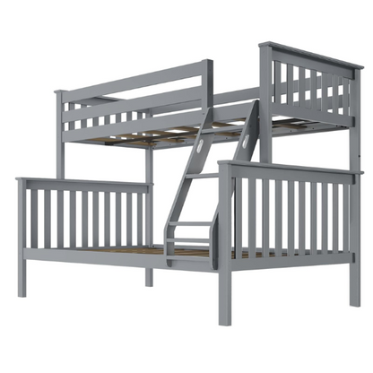 Twin over full solid wood bunk bed in grey finish with reversible ladder, safety guardrails, and space-saving design for kids’ rooms

