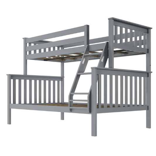 Twin over full solid wood bunk bed in grey finish with reversible ladder, safety guardrails, and space-saving design for kids’ rooms

