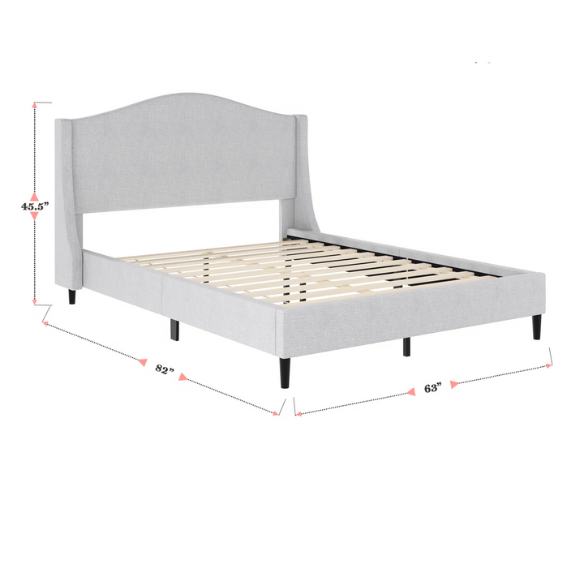 Full-size grey upholstered platform bed with curved wingback headboard, cushioned side rails, and tapered wooden legs in a stylish modern bedroom.

