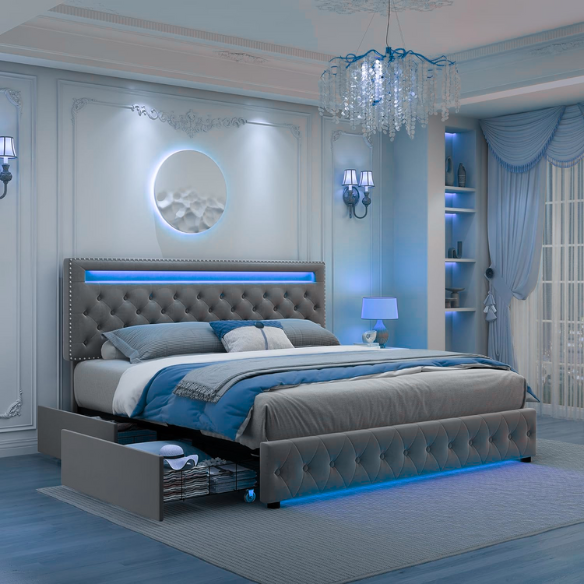 Grey velvet full size platform bed with button-tufted adjustable LED headboard, silver nailhead trim, and four underbed storage drawers on wheels