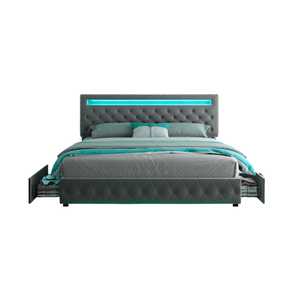 Grey velvet full size platform bed with button-tufted adjustable LED headboard, silver nailhead trim, and four underbed storage drawers on wheels