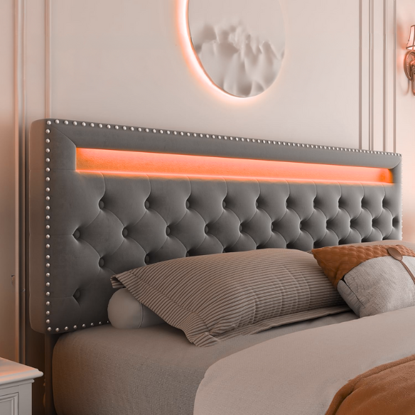 Grey velvet full size platform bed with button-tufted adjustable LED headboard, silver nailhead trim, and four underbed storage drawers on wheels