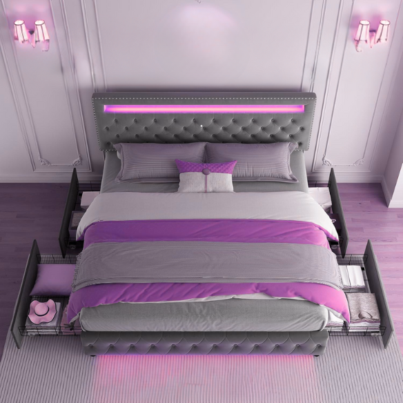Grey velvet full size platform bed with button-tufted adjustable LED headboard, silver nailhead trim, and four underbed storage drawers on wheels