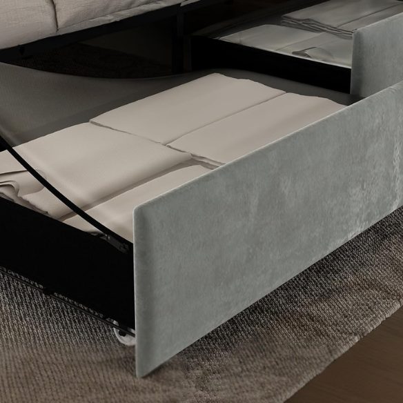 Grey velvet full size platform bed with button-tufted adjustable LED headboard, silver nailhead trim, and four underbed storage drawers on wheels