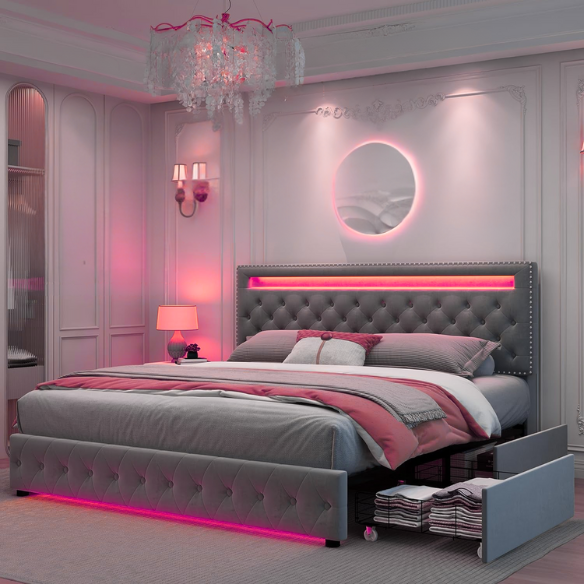 Grey velvet full size platform bed with button-tufted adjustable LED headboard, silver nailhead trim, and four underbed storage drawers on wheels