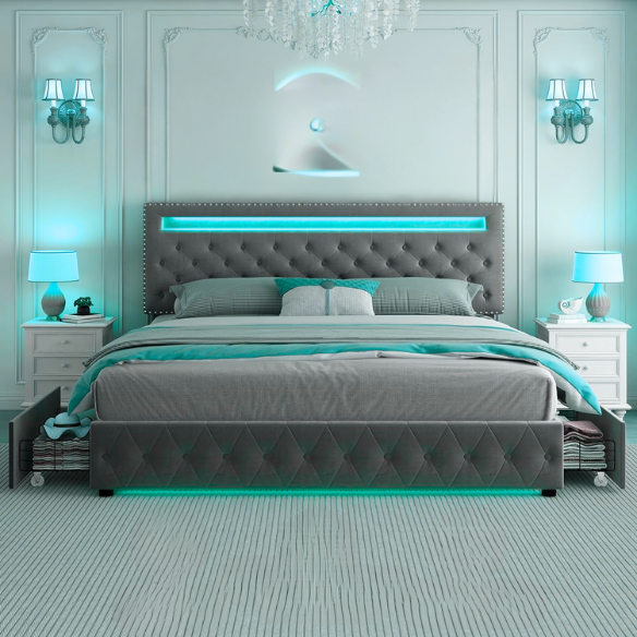 Grey velvet full size platform bed with button-tufted adjustable LED headboard, silver nailhead trim, and four underbed storage drawers on wheels