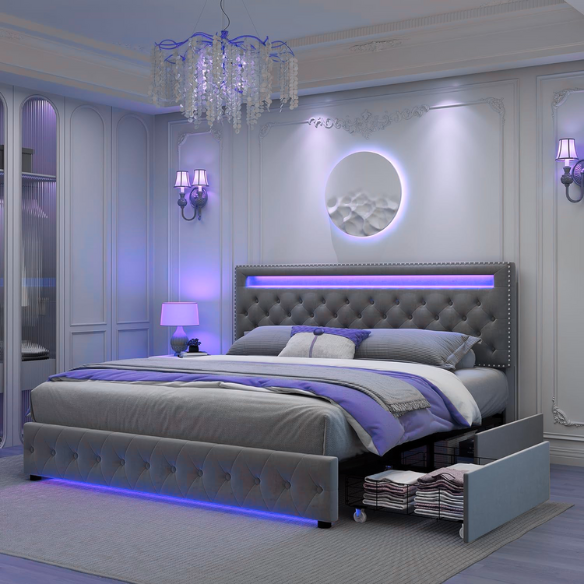 Grey velvet full size platform bed with button-tufted adjustable LED headboard, silver nailhead trim, and four underbed storage drawers on wheels