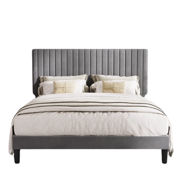 Grey velvet upholstered queen bed with tufted rectangular headboard and low-profile frame.

