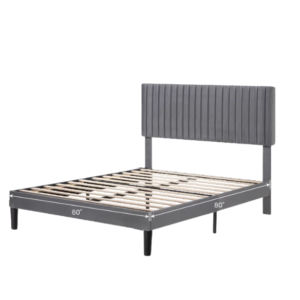 Grey velvet upholstered queen bed with tufted rectangular headboard and low-profile frame.

