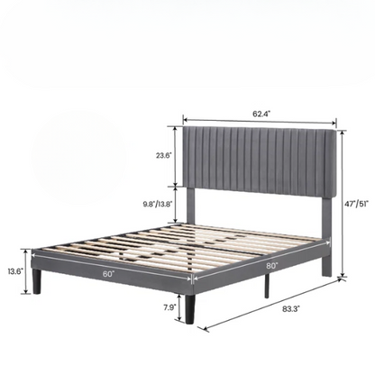 Grey velvet upholstered queen bed with tufted rectangular headboard and low-profile frame.

