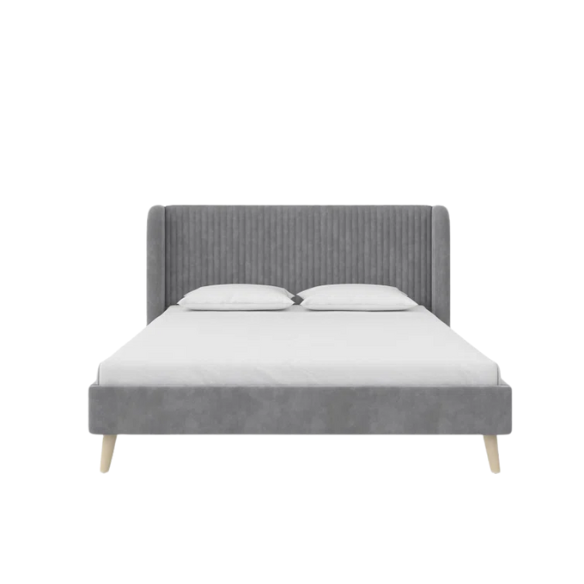 Grey velvet upholstered queen-size platform bed with wingback tufted headboard and mid-century wooden legs.

