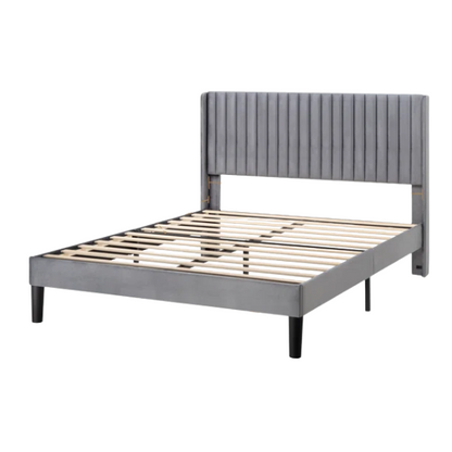 Grey velvet upholstered queen bed with tufted wingback headboard, 8-inch underbed clearance, and sturdy wood frame.

