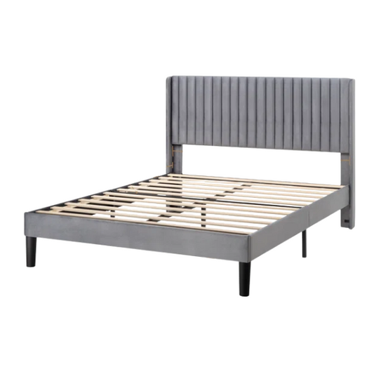 Grey velvet upholstered queen bed with tufted wingback headboard, 8-inch underbed clearance, and sturdy wood frame.

