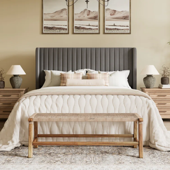 Grey velvet upholstered queen bed with tufted wingback headboard, 8-inch underbed clearance, and sturdy wood frame.

