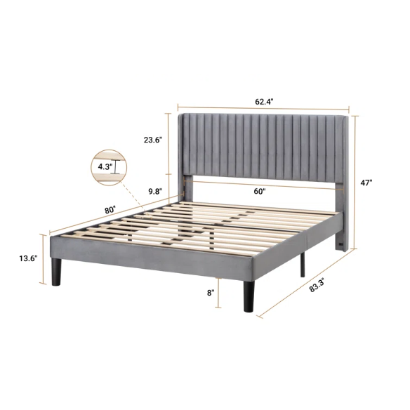 Grey velvet upholstered queen bed with tufted wingback headboard, 8-inch underbed clearance, and sturdy wood frame.

