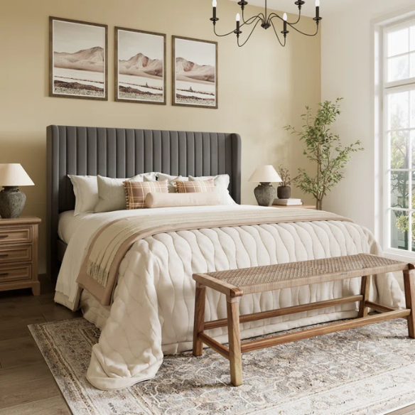Grey velvet upholstered queen bed with tufted wingback headboard, 8-inch underbed clearance, and sturdy wood frame.

