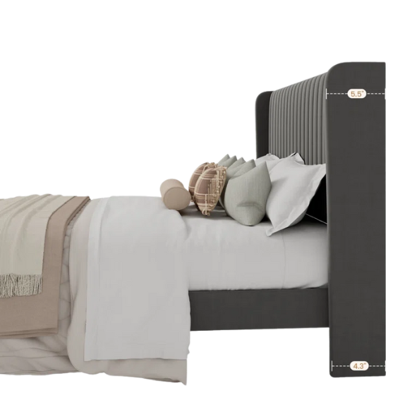Grey velvet upholstered queen bed with tufted wingback headboard, 8-inch underbed clearance, and sturdy wood frame.

