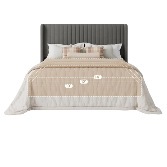 Grey velvet upholstered queen bed with tufted wingback headboard, 8-inch underbed clearance, and sturdy wood frame.

