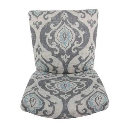 Set of two Parsons dining chairs with grey, white, and light blue floral upholstery, high back design, scalloped seat front, and wood legs