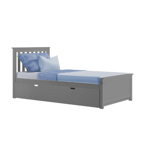 Grey solid wood twin bed with pull-out trundle, modern slatted headboard and footboard, perfect for kids’ rooms and overnight guests.