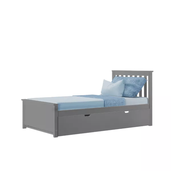 Grey solid wood twin bed with pull-out trundle, modern slatted headboard and footboard, perfect for kids’ rooms and overnight guests.