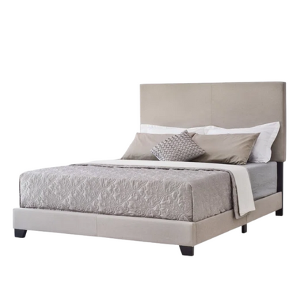 Light beige upholstered full size bed frame with rectangular padded headboard, low-profile footboard, and solid wood construction in a modern minimalist design.

