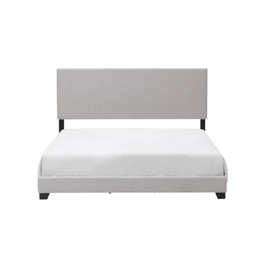 Light beige upholstered full size bed frame with rectangular padded headboard, low-profile footboard, and solid wood construction in a modern minimalist design.

