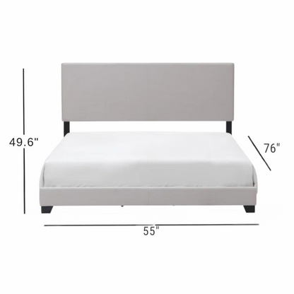Light beige upholstered full size bed frame with rectangular padded headboard, low-profile footboard, and solid wood construction in a modern minimalist design.

