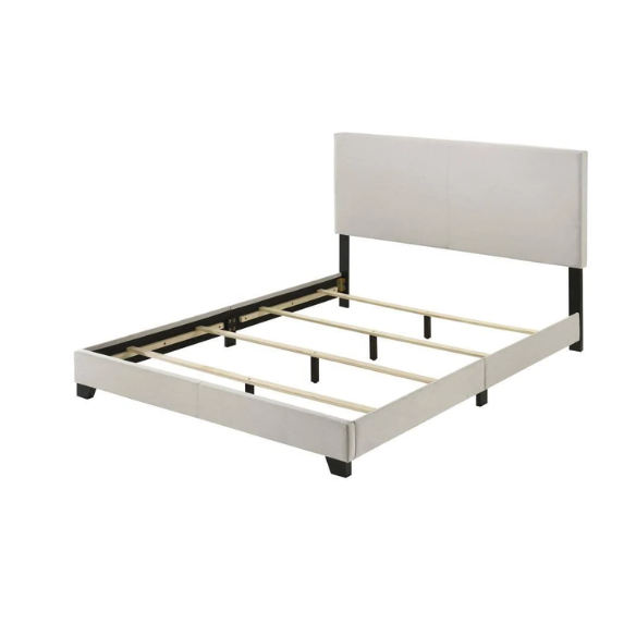 Light beige upholstered full size bed frame with rectangular padded headboard, low-profile footboard, and solid wood construction in a modern minimalist design.

