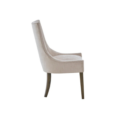 Set of 2 upholstered armless dining chairs in light beige with solid wood legs, high backrest, and elegant piping detail.

