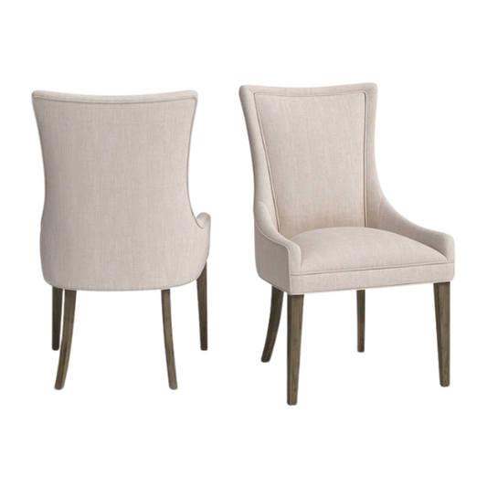 Set of 2 upholstered armless dining chairs in light beige with solid wood legs, high backrest, and elegant piping detail.


