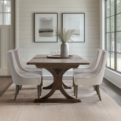 Set of 2 upholstered armless dining chairs in light beige with solid wood legs, high backrest, and elegant piping detail.

