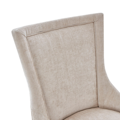 Set of 2 upholstered armless dining chairs in light beige with solid wood legs, high backrest, and elegant piping detail.

