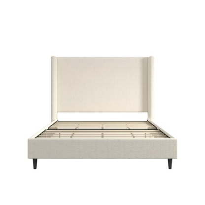 Light cream boucle queen-size platform bed with tall wingback tufted headboard and black tapered legs.

