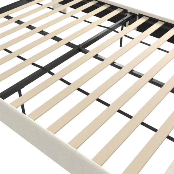 Light cream boucle queen-size platform bed with tall wingback tufted headboard and black tapered legs.

