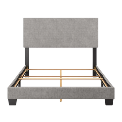 Full-size light grey upholstered bed with soft polyester fabric, tall foam-padded rectangular headboard, and sleek modern design.


