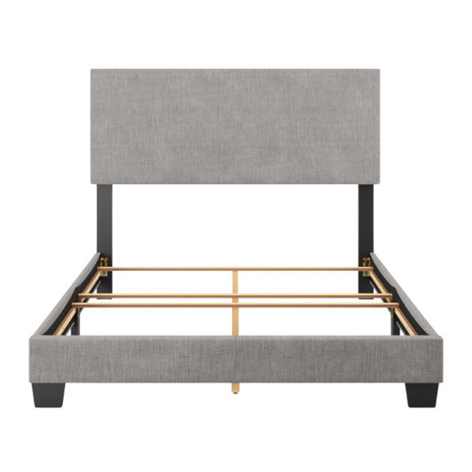 Full-size light grey upholstered bed with soft polyester fabric, tall foam-padded rectangular headboard, and sleek modern design.

